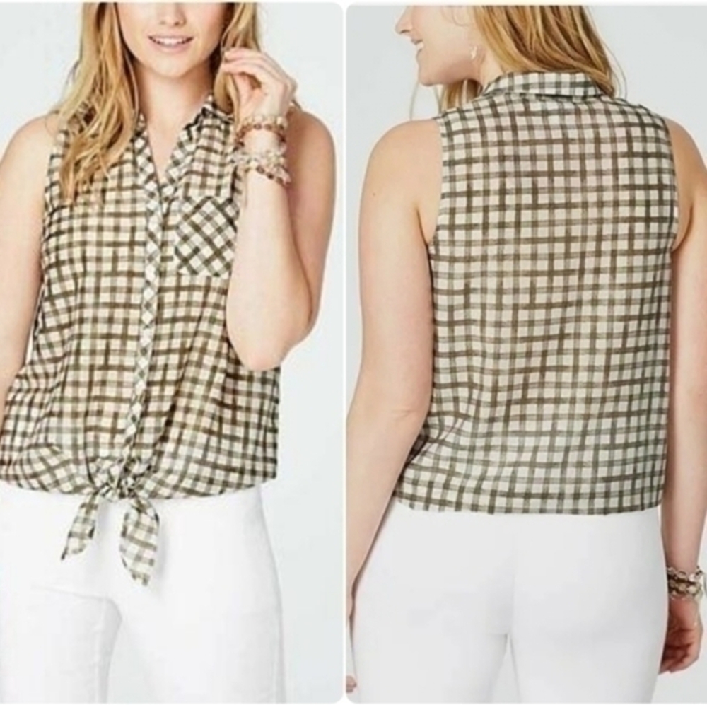 J. Jill Silk Blend Plaid Tie Front Blouse